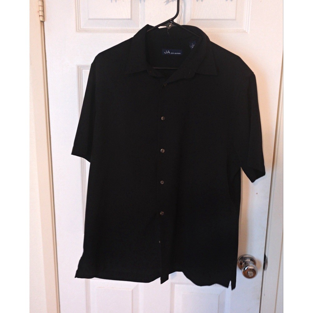 John Ashford Men's L Black Solid Woven Short Sleeve Spread Collar Button-Up